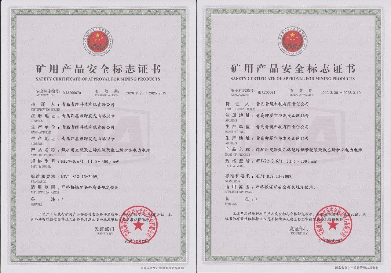 3200威尼斯vip科技公司矿用电力电缆通过煤安认证(图1) 3200威尼斯vip科技公司矿用电力电缆通过煤安认证(图1)